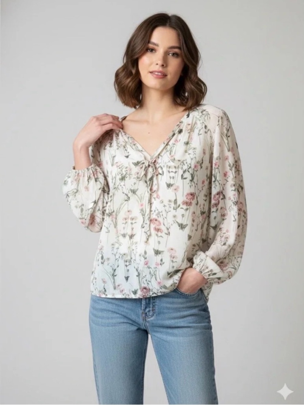 Rose & Olive Floral V-Neck Blouse - Cream and Pink
